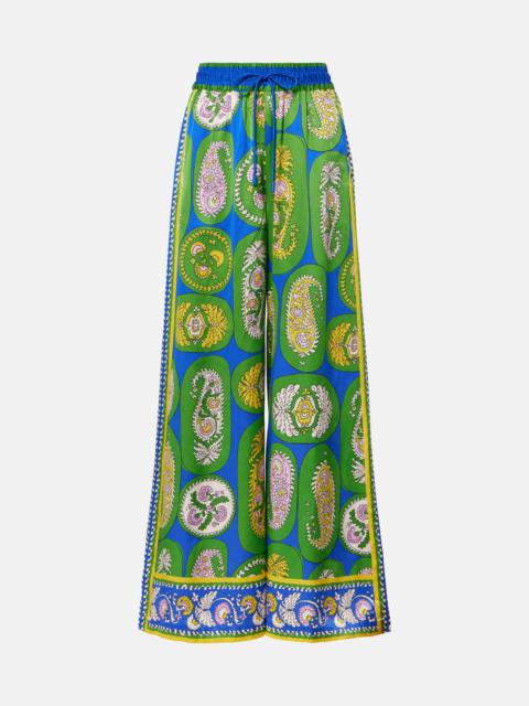 Printed silk satin wide-leg pants
