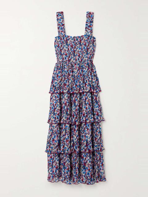Tiered pleated floral-print recycled-georgette midi dress
