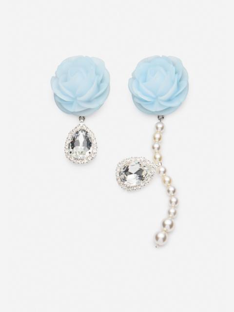 Crystal and pearl rose earrings in light blue