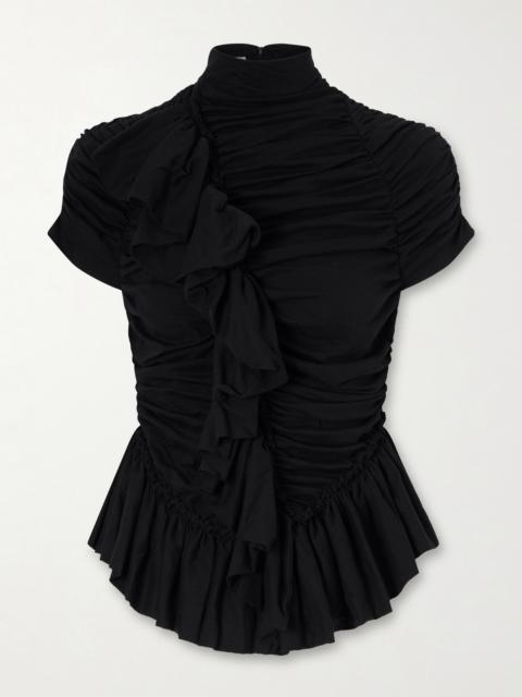 Ruffled Draped Cotton-jersey Turtleneck Top