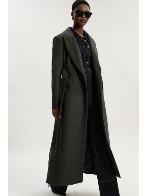Brushed Wool Check Double Breasted Belted Tailored Maxi Coat