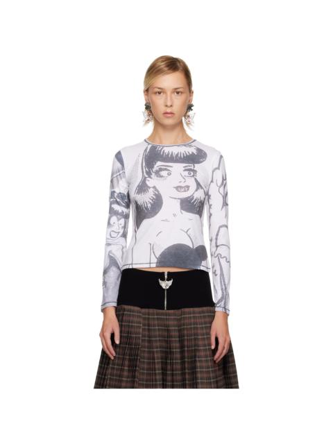 White & Gray Newsprint Fitted Jersey T-shirt