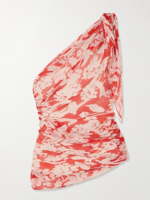 One-shoulder Draped Floral-print Silk-georgette Top