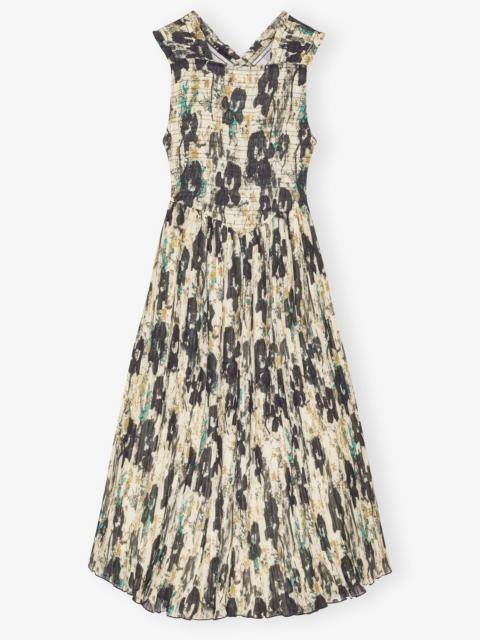 PRINTED PLEATS SMOCK MIDI STRAPS DRESS