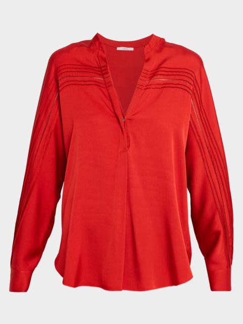 Pintuck Long-Sleeve Satin Blouse