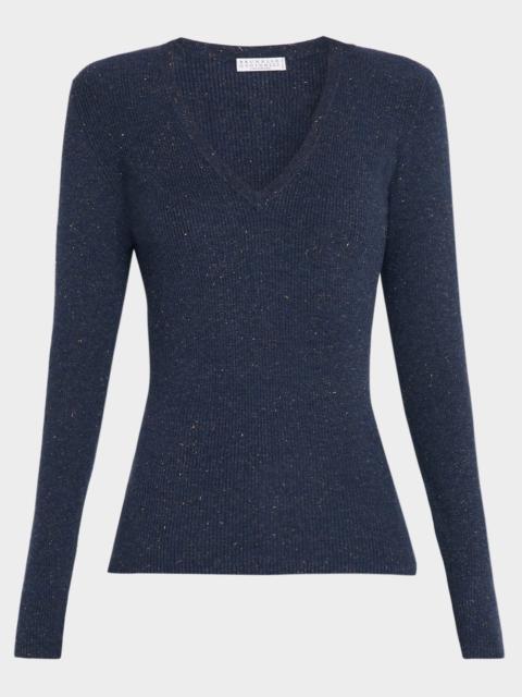 Metallic Cashmere Stretch Rib V-Neck Sweater