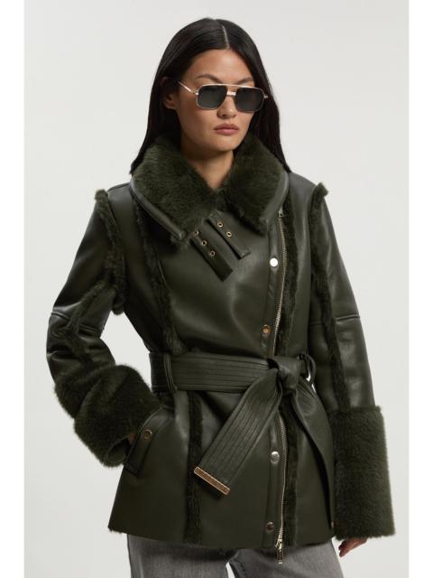 Faux Fur High Neck Belted Biker Coat