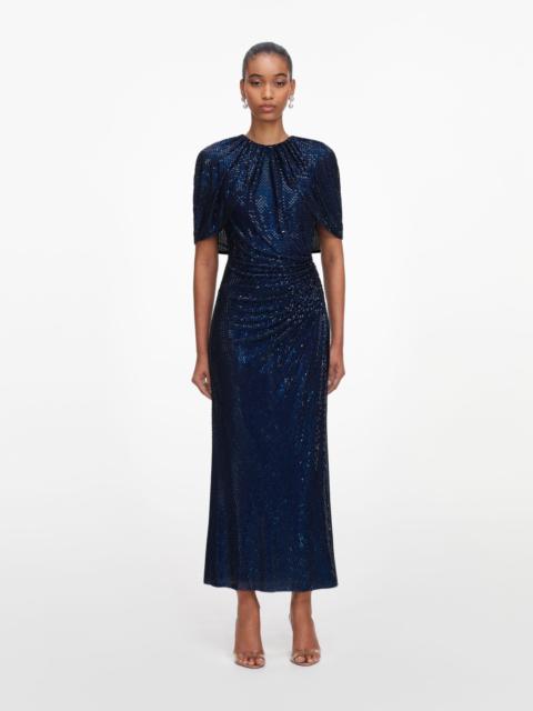 Navy Rhinestone Cape Sleeve Midi Dress