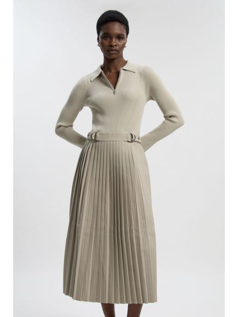 Knitted Zip Neck Pu Mix Pleated Midi Dress