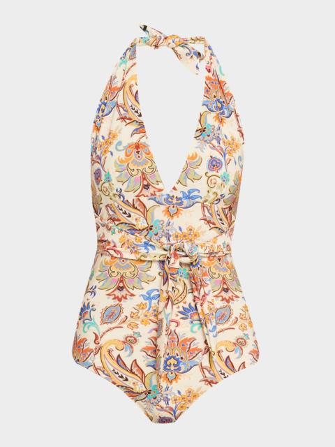 Floral Paisley Belted Halter One-Piece Swimsuit