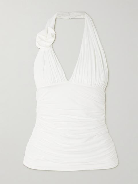 Galini Appliquéd Ruched Stretch-jersey Halterneck Top