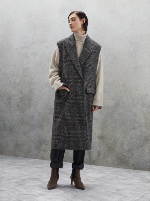 Virgin wool, alpaca and mohair Prince of Wales sleeveless coat with monili