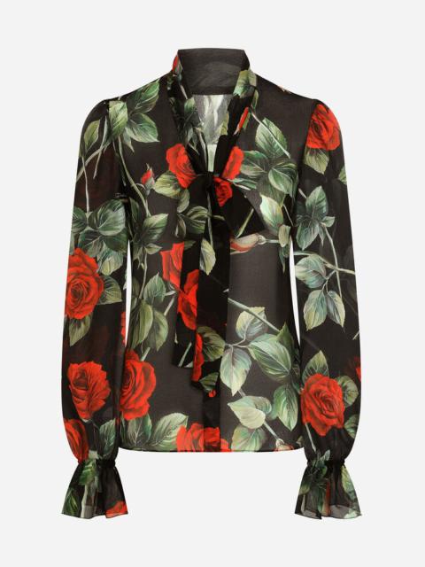 Textured chiffon pussy-bow shirt with rose print