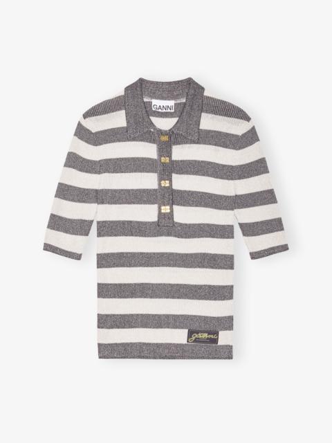 GREY STRIPED SPARKLE RIB POLO T-SHIRT