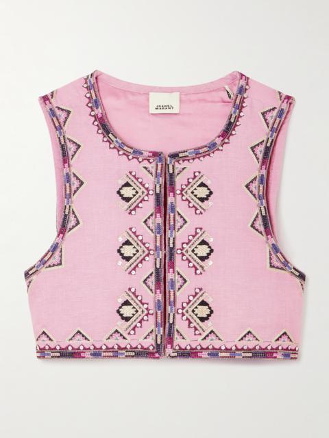 Zaori Cropped Embellished Embroidered Silk-gauze Vest