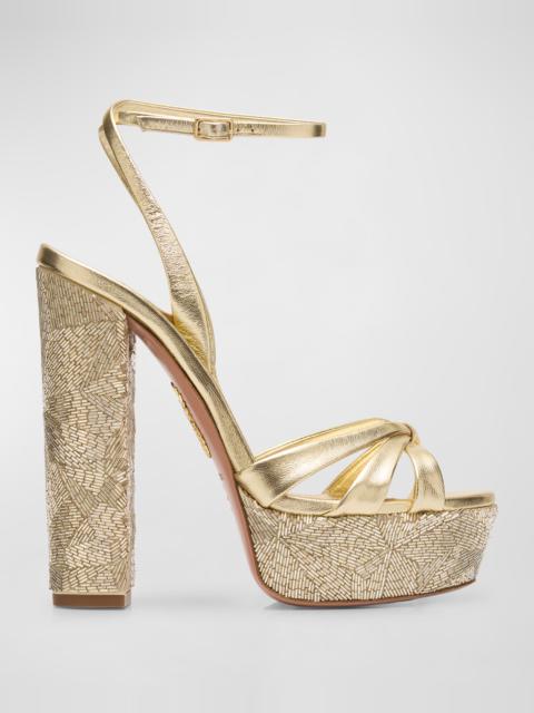 Beaded Metallic Leather Platform Sandals