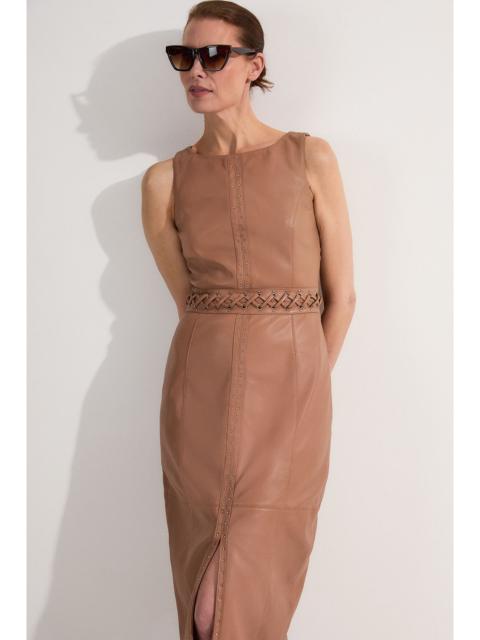 Leather Eyelet And Lace Trim Detail Sleeveless Midi Pencil Dress