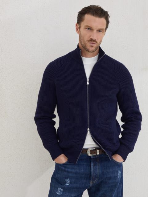 Malfilé cotton English rib cardigan with raglan sleeves and zipper