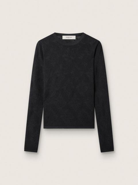 Women's crew-neck sweater with black floral jacquard pattern