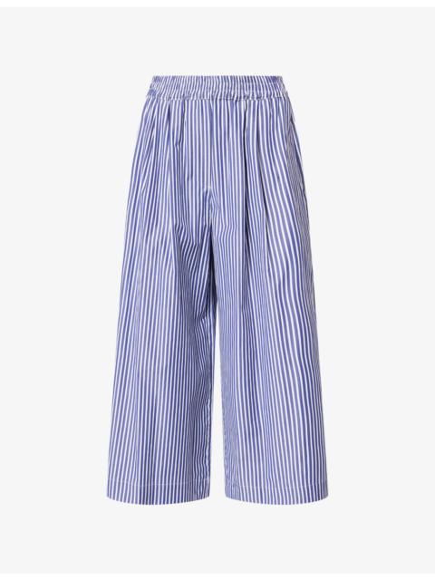 Stripe-Print Wide-Leg Cotton Cropped Trousers