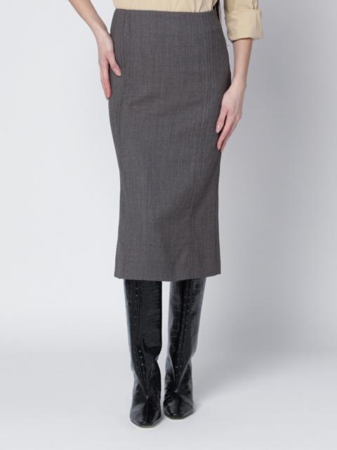 Brown and beige patterned wool midi skirt