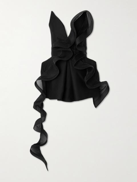 Mozart Strapless Asymmetric Ruffled Pleated Wool And Silk-blend Top