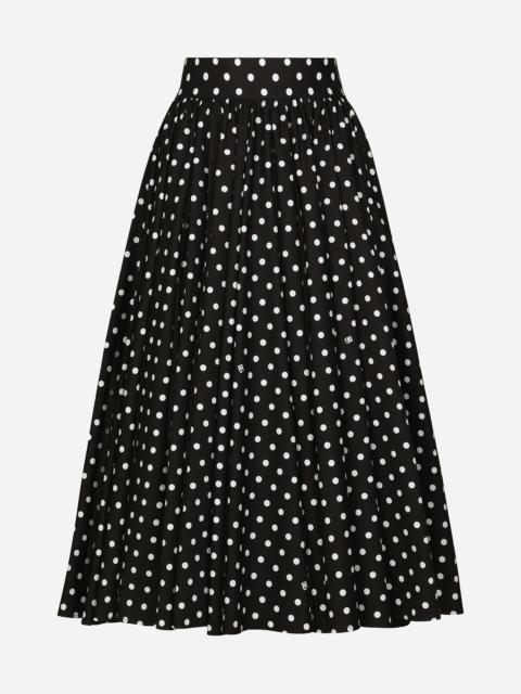 Cotton calf-length circle skirt with polka-dot print