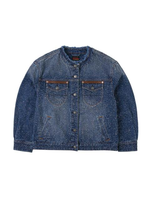 Leather Trim Fashion Fit Collarless Denim Jacket