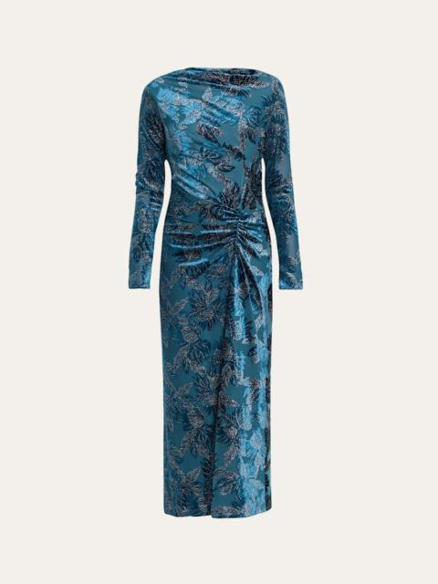 Ferrera Long-Sleeve Floral Velvet Midi Dress