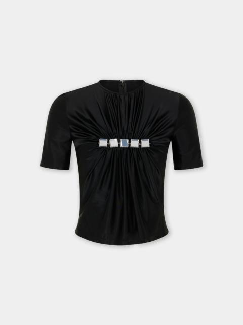 BLACK DRAPED TOP WITH MIRROR-EFFECT EMBELLISHMENTS