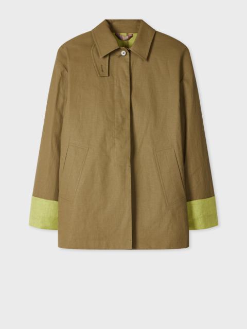 Women's Olive Green Linen Jacket with Contrast Cuffs