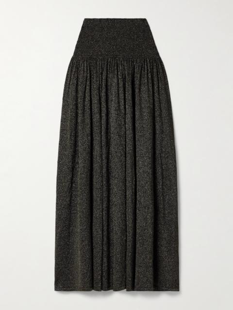 Crush Gathered Metallic Stretch-knit Midi Skirt