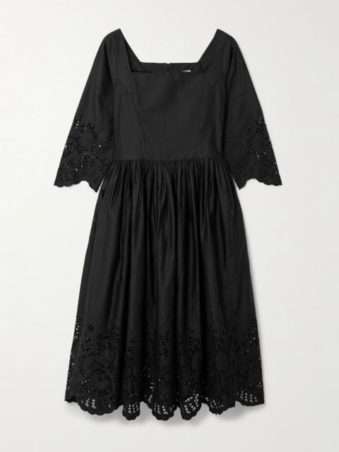 Amalia pleated broderie anglaise cotton-poplin midi dress Black