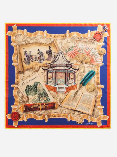 Twill silk foulard with Silk road print: 90 x 90cm- 35 x 35 inches