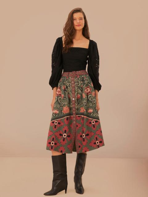 Arabesque Floral Green Buttons Midi Skirt