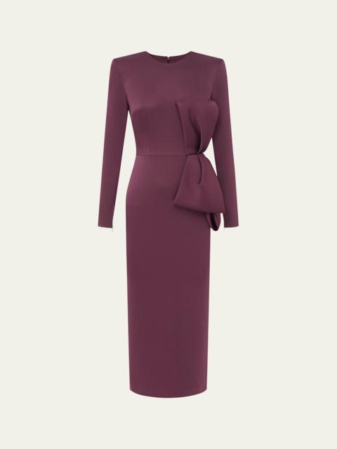 Bow Satin Crepe Long-Sleeve Midi Dress