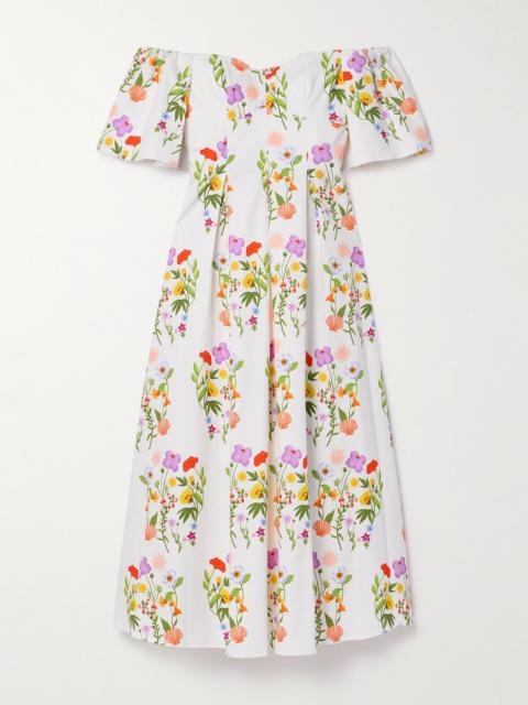 Gracie Off-the-shoulder Pleated Printed Cotton-blend Piqué Dress