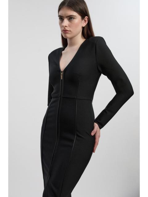 PU Tipped Detail Zip Through Bandage Knit Midi Dress