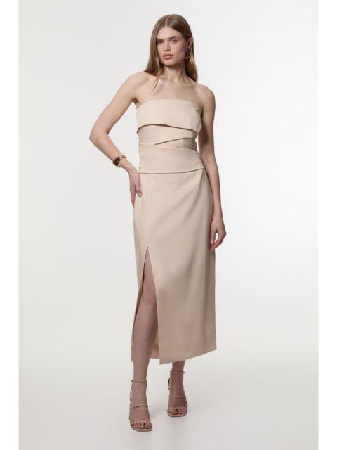 Premium Linen Structured Pleated Bandeau Tailored Midi Pencil Dress