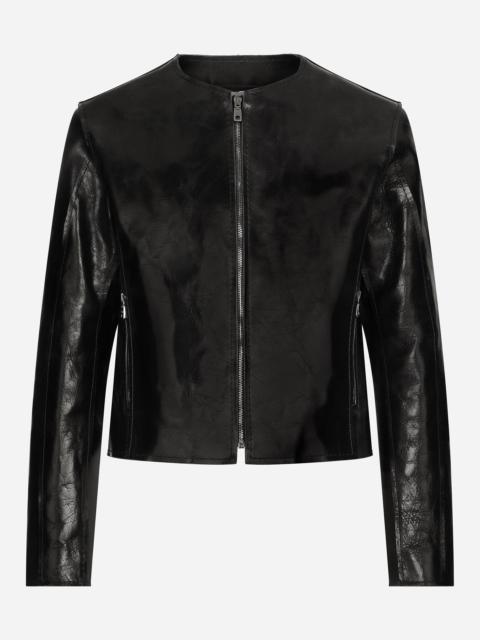 Collarless leather jacket