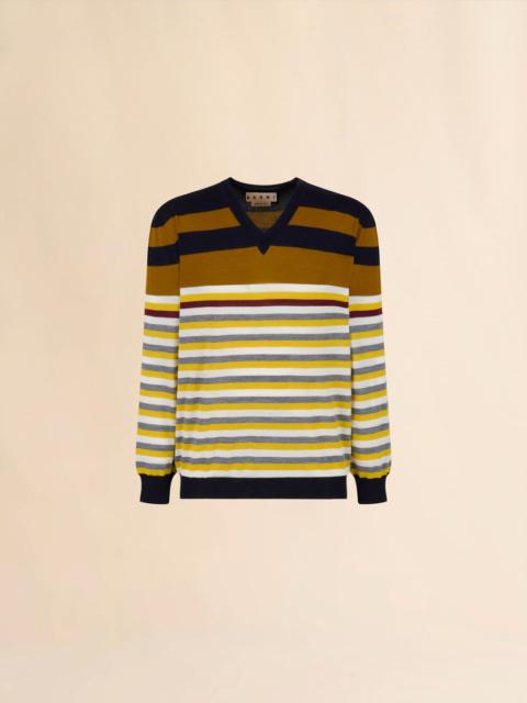 YELLOW WOOL SWEATER WITH MIXED STRIPES