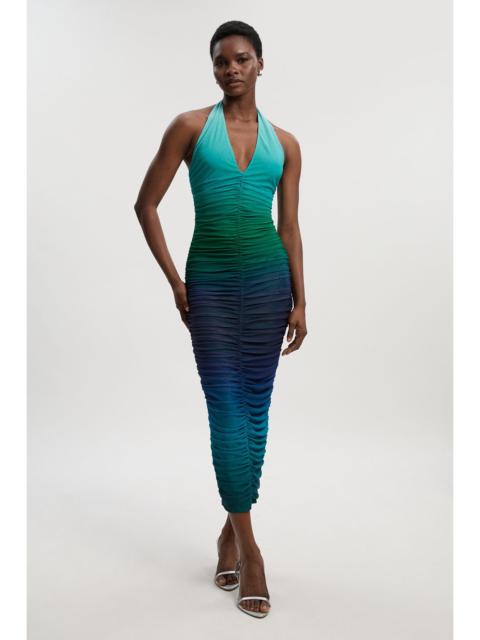 Ombre Mesh Plunge Halter Neck Midi Dress