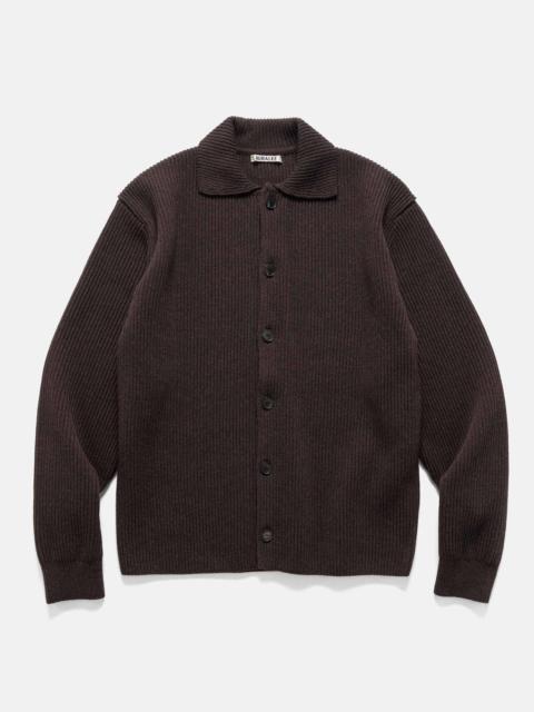 Super Fine Wool Rib Knit Shirt Cardigan Top Brown