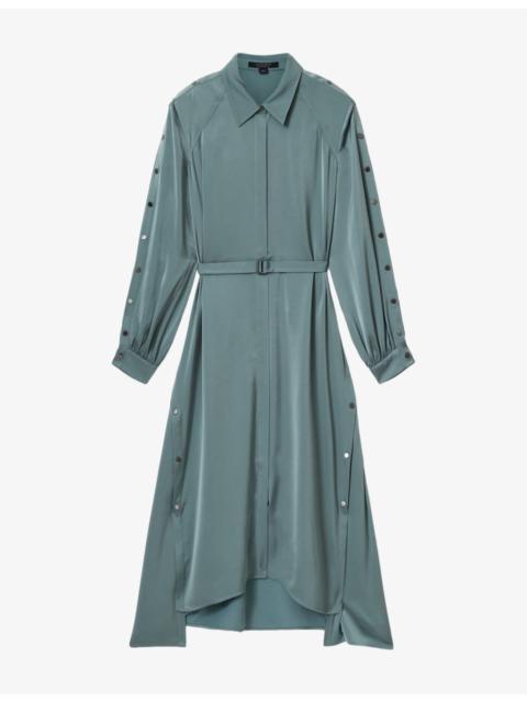 Lexi asymmetric-hem belted-waist woven midi dress