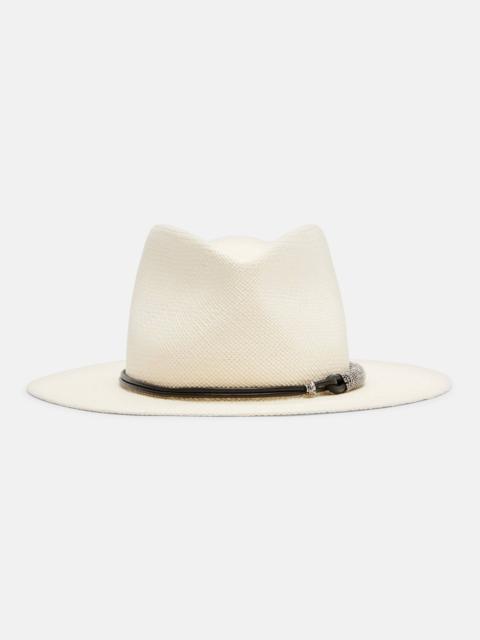 Leather-trimmed straw fedora hat