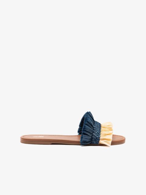 Bahia Fringe Flat In Beige And Navy Raffia