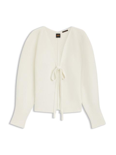 TIE-FRONT RIB-KNIT CARDIGAN WITH BALLOON SLEEVES