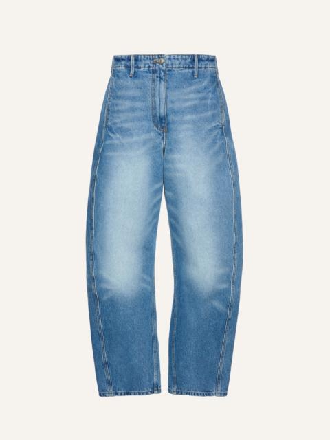 Wide-leg faded denim trousers in dark blue