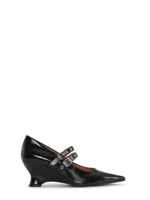 BLACK EYELETS LOW WEDGE PUMPS