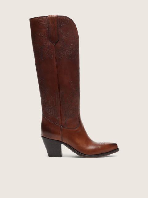 Women's high Wish Star boots in brown leather with floral embroidery